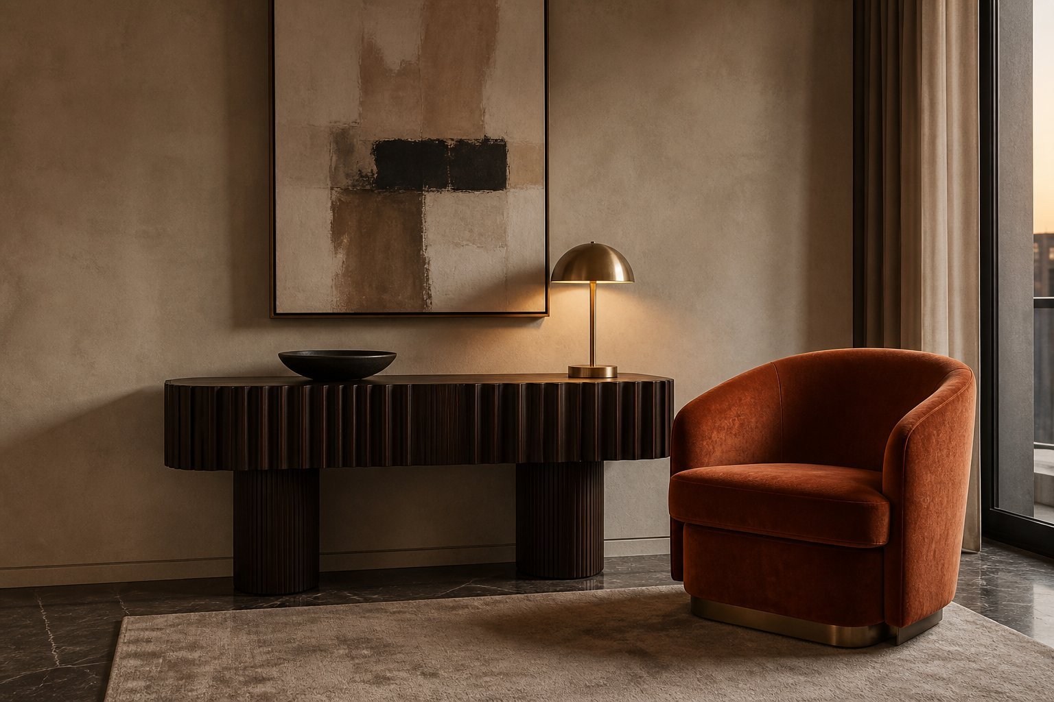 Rust velvet accent chair paired with a dark wood console in a premium interior