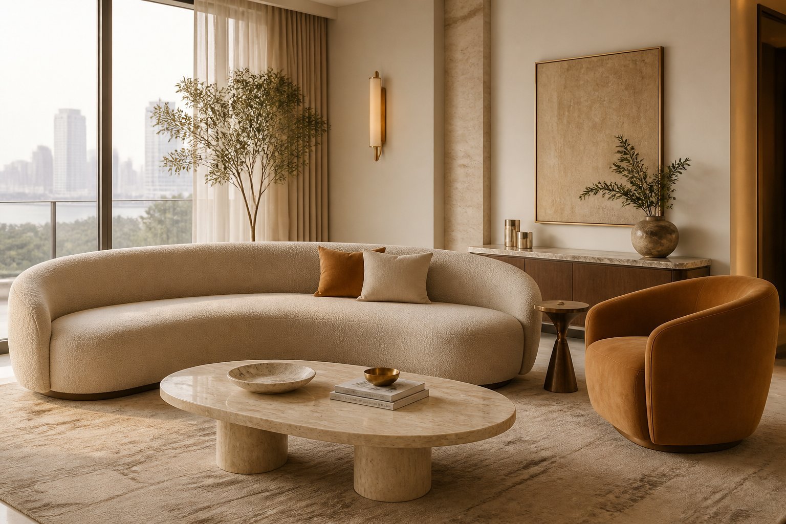 Curated neutral living room combining curved seating, accent chair and center table