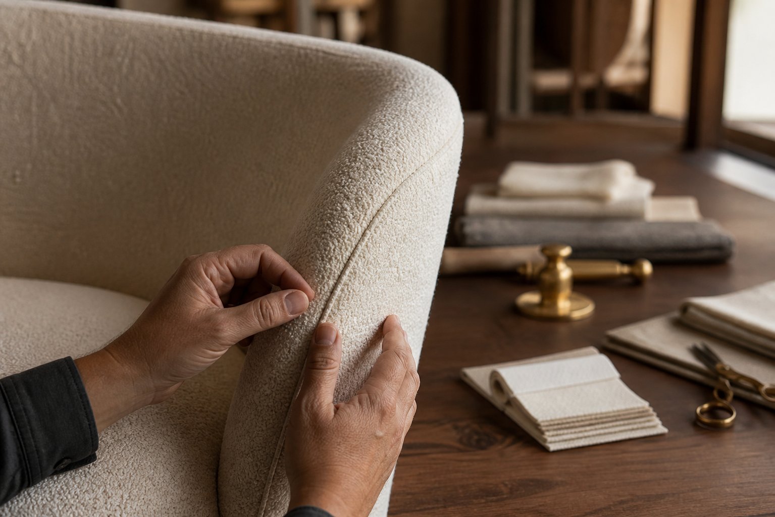Artisan inspecting the upholstery seam of a cream boucle chair